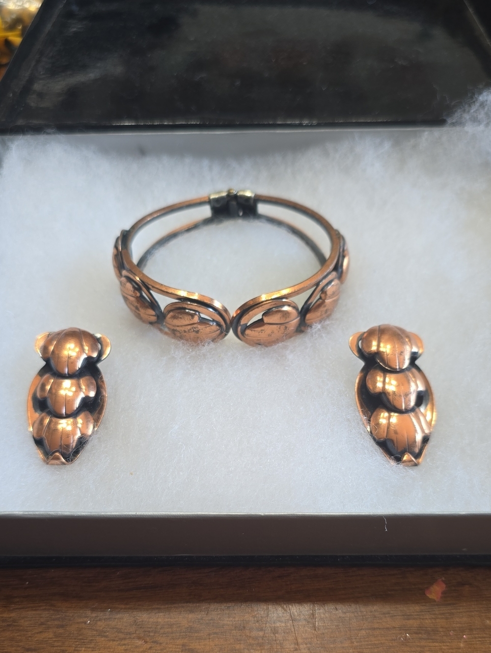 Vintage Copper Floral Bracelet and Clip On Earrings Set